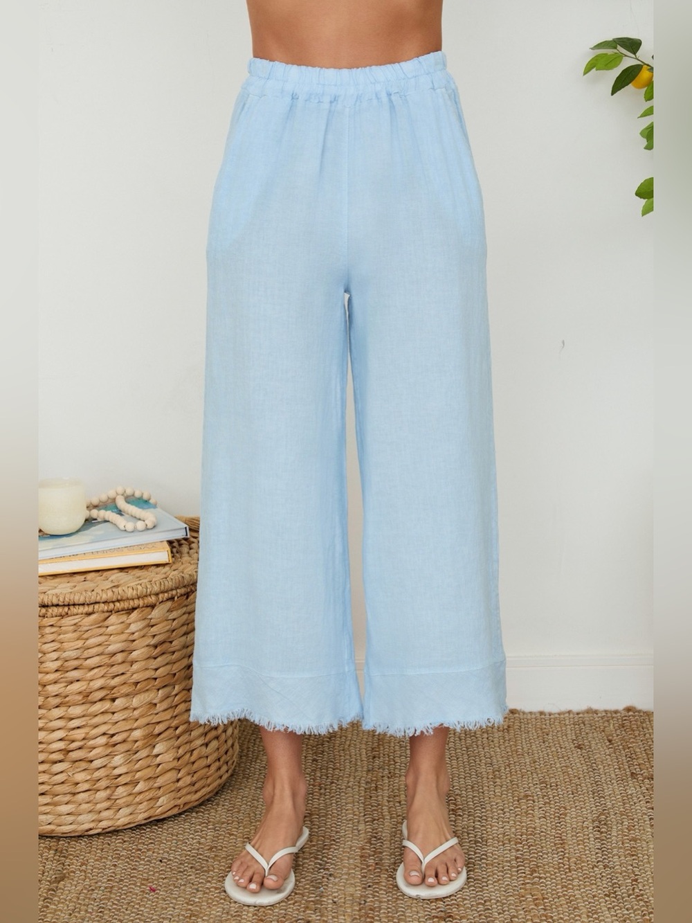 (155073/11586-SKY)  LINEN FRINGED HEM WIDE LEG LOOSE FIT PANT